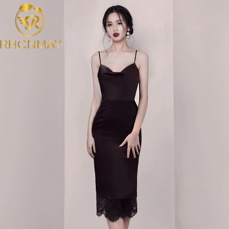

Summer Women Club Sheath Dress 2020 New Sexy Spaghetti Strap Patchwork Lace Bodycon Pencil Female Black Party Dresses