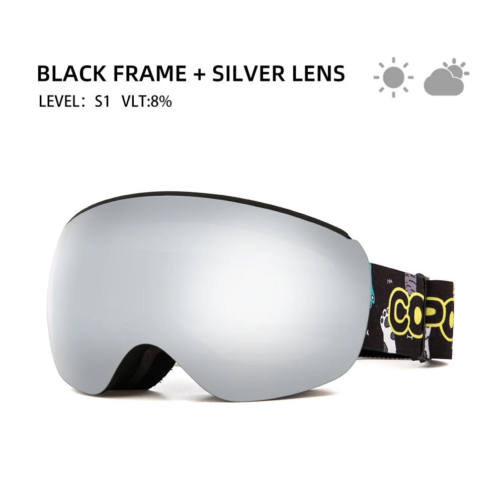 bk frame silver lens Магнитные Детские лыжные очки для детей UV400, противотуманные маски, очки для катания на лыжах для девочек и мальчиков, очки для сноуборда с персонализированными ремешками - Цвет: bk frame silver lens