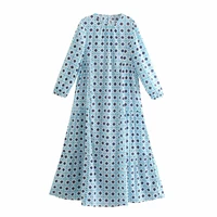 doujili 2021 fashion spring and summer long sleeve dress vintage printing loose crewneck dress for women blue black