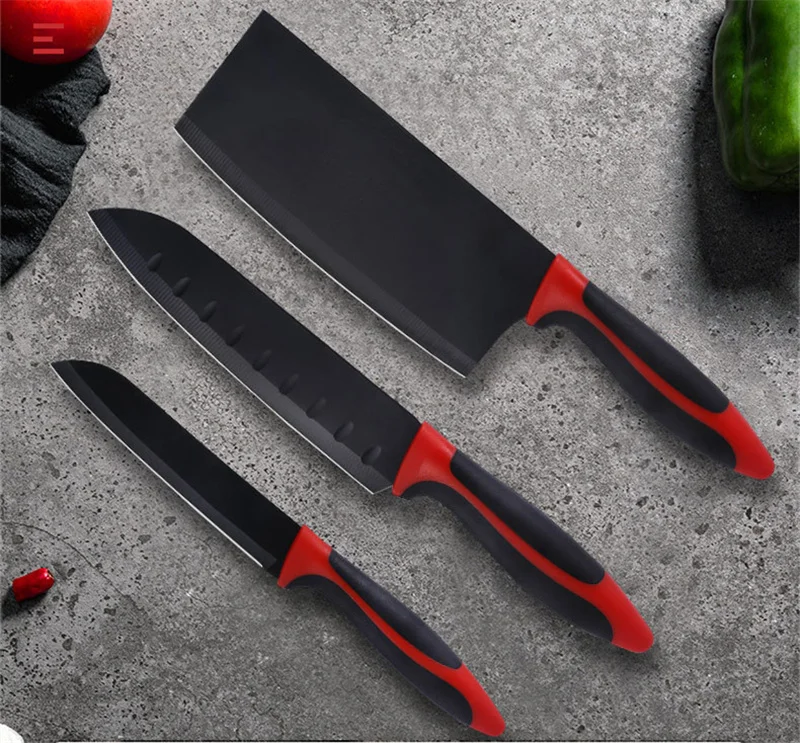 

Kitchen knives set 3 Pcs kitchen items Fruit knife chef knife multi-purpose knife Black stainless steel blade Red black handle