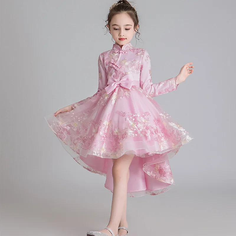 Flower Embroidered Long Sleeve Autumn Winter Bow Lace Tutu Girl Princess Dress Costumes Clothes Show Evening Party Dress WG-1210