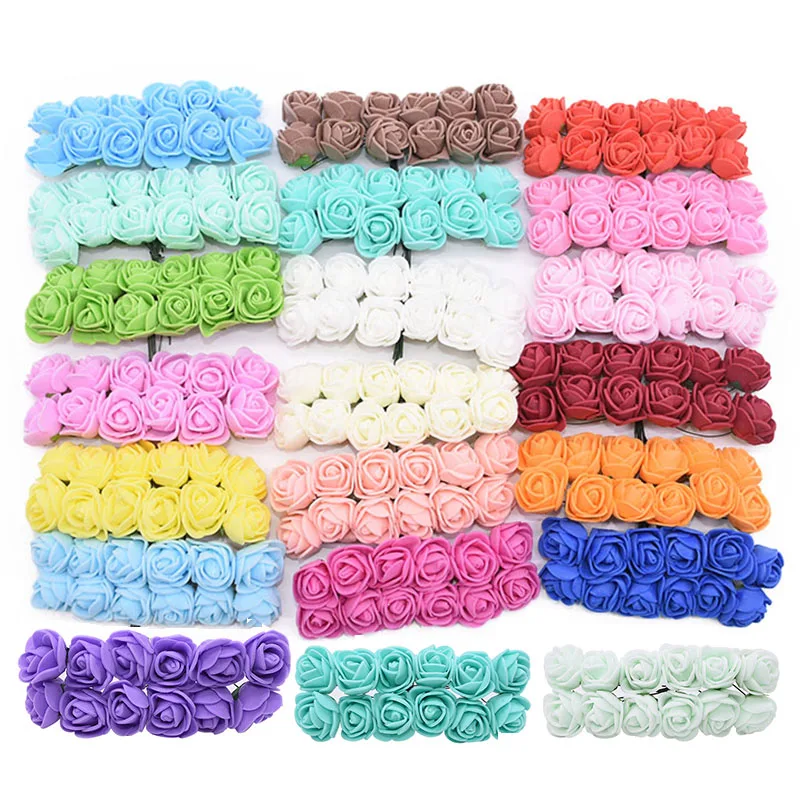 

144 Pcs/ lot 2cm Mini Foam Artificial Rose Flower Bouquet Solid Color DIY Scrapbooking Wreath Wedding Decoration Craft Supplies