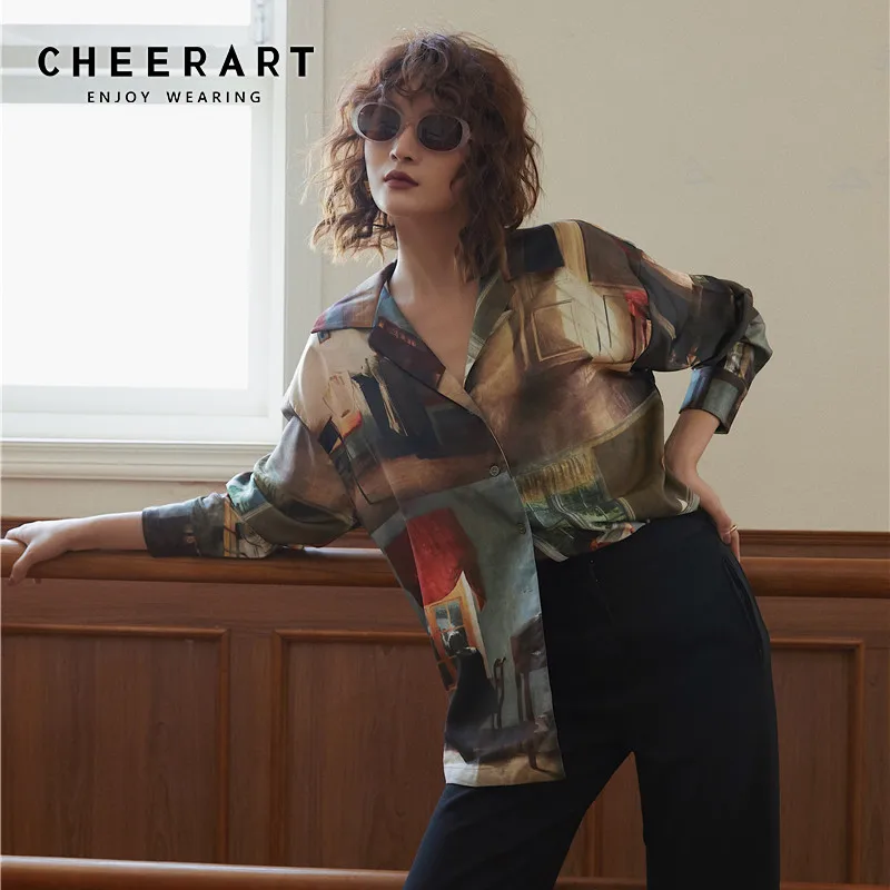 Женская блузка с длинным рукавом CHEERART винтажная масляной росписью и воротником