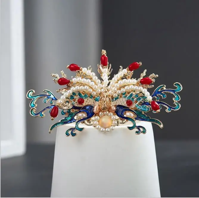 

Retro Blue Hanfu Hair Comb Hair Crown with Pearls Beading Chinese Style Women Gorgeous Ancient Wedding Accessories for Bride