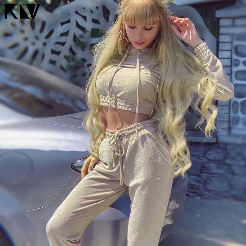 Женский Блестящий спортивный костюм с блестками толстовка капюшоном и высокой