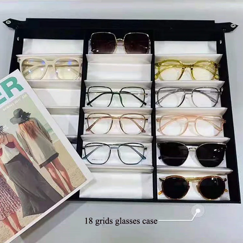 Goedkoop Top Koop Big Size Case Glazen Display Met Cover 18 Slots Lenzenvloeistof Zonnebril Grids Stand Case Houder Bril Make Organizer