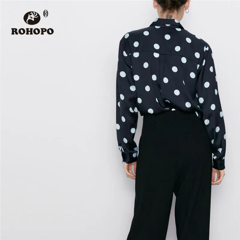 ROHOPO отложной воротник белая Polk Dot черная блузка длинный рукав круглый край
