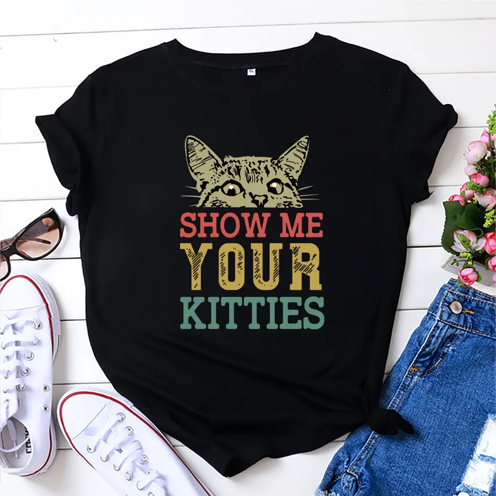 

2021 Summer T-shirt Women's T-shirt Cartoon Cat Pattern Shirt Oversized O-neck Short Sleeve T-shirt Women Tops Clothing