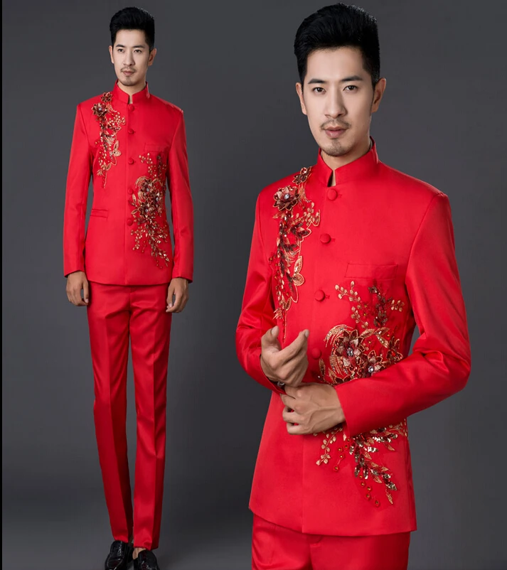 

Lager Size Hot Clothing Free Shipping Paillette Red Chinese Tunic Set Costume Men Wedding Dress Suit / S-xxl