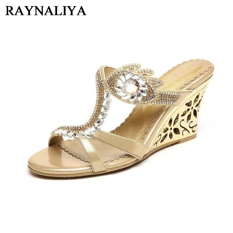 

Women Summer Fashion Rhinestone Slipper Sexy Hollow Out Wedges High Heels Sandals Crystal Party Shoes Woman Flip Flops XMX-B0041