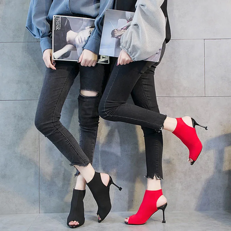 Сандалии женские на высоком каблуке вязаные эластичные сетчатые Босоножки с