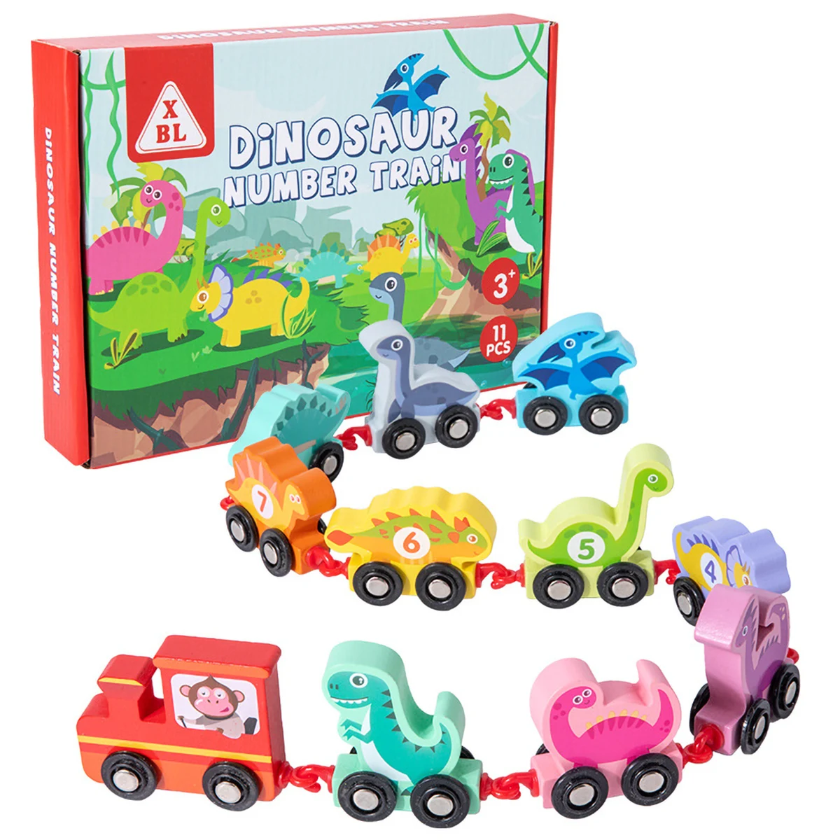 

11pcs Wooden Dinosaur Trains Set STEM Educational Train Cars Digital Toy Set Number Recognition Trackless Trains Set