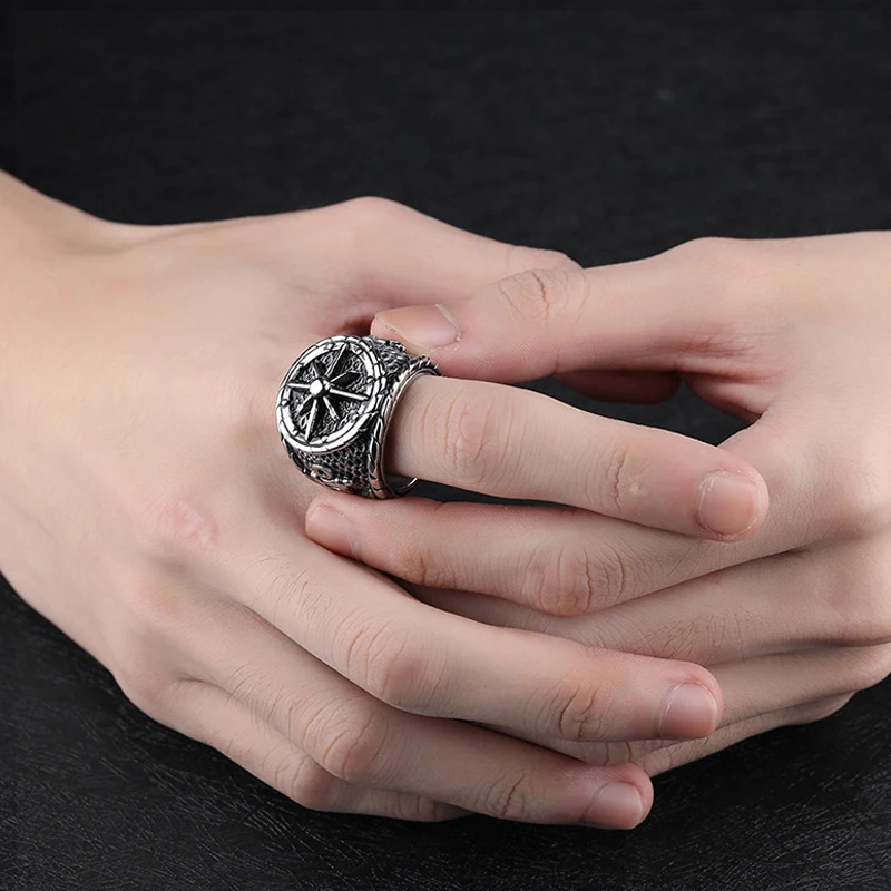Винтажные Viking кольцо с компасом для мужчин модные якорь из нержавеющей стали