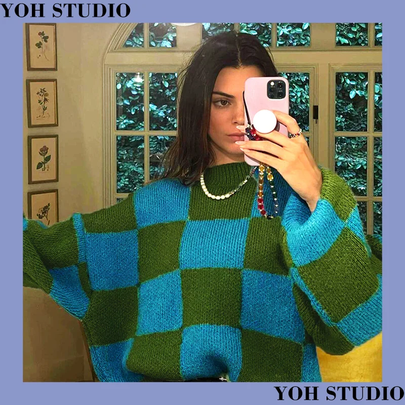 

INS Autumn and Winter New Fashion O-neck Grid-pattern No-decoration Long-sleeved Collision-color Polyester Knit Loose Sweater