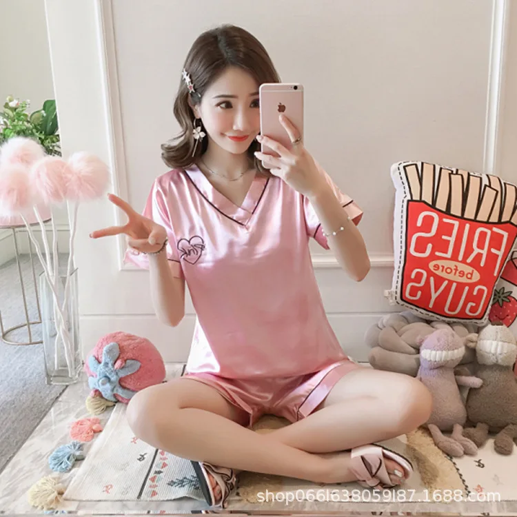 2021 New Pajamas Women's Summer Short Sleeve Nightwear Thin Home Wear Sleepwear Two Piece Ice Silk Shorts Suit Lounge Wear