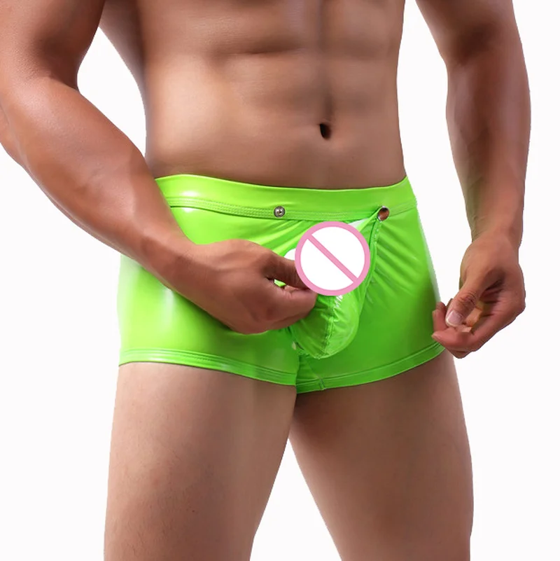 

Mens Faux Leather Wetlook Latex Shorts Lingerie Panties Underwear Front Button Pouch Boxers Dance Clubwear Costume Boxershorts