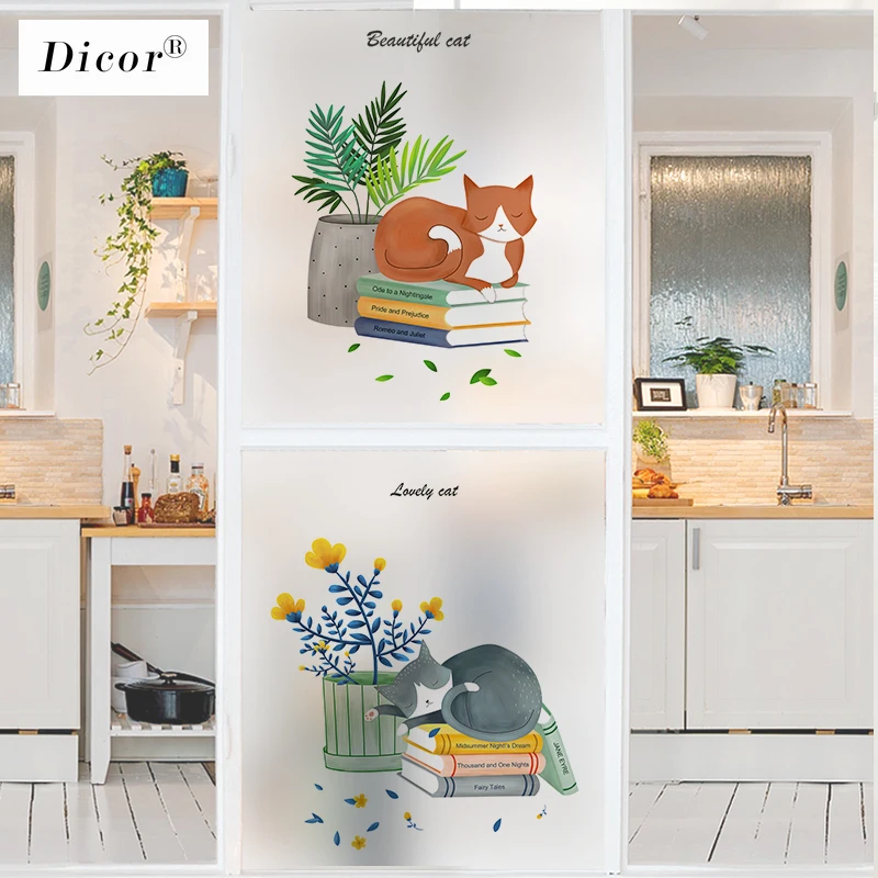 Наклейка на окно с мультяшным изображением сонного кота декоративная пленка