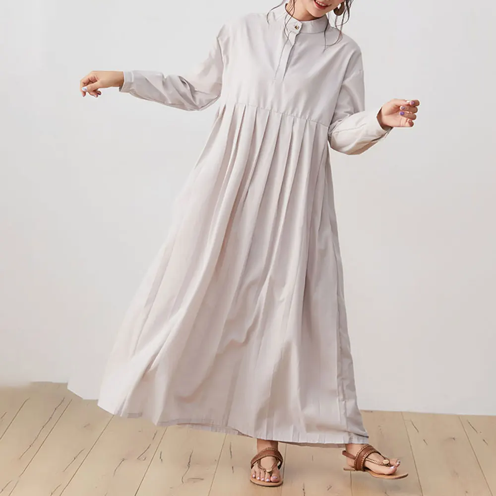 

Dress A-line Long Solid Color 2020 New Autumn High Waist Warm Wear Fashion Casual Stand-up Collar Round Neck Pleated Slim Loose