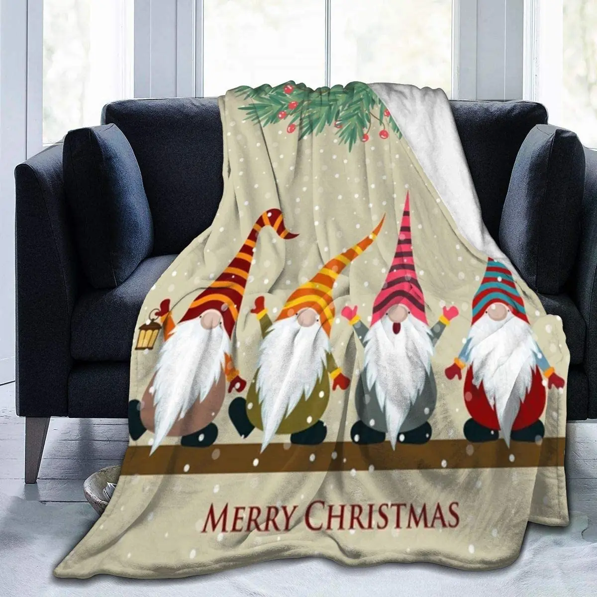 

Christmas Card with Gnomes Soft Throw Blanket Lightweight Warm Cozy Flannel Fleece Blanket for Living Room Bedroom Sofa Couch