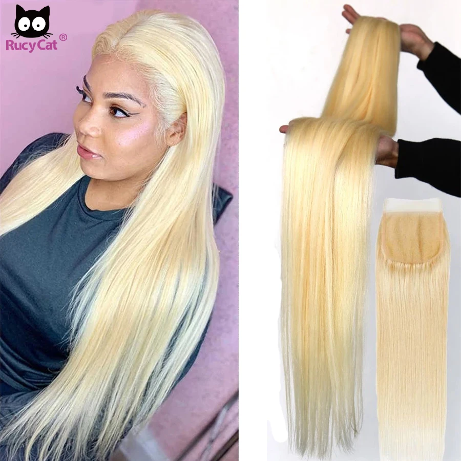 Rucycat 613 bundles with closure straight human hair with 4x4 lace brazilian hair weave bundle Honey blonde bundles with closure