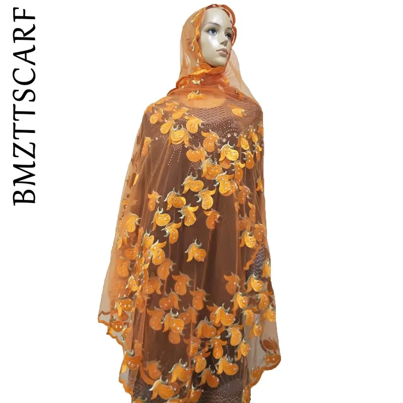 African Women Scarf Good Quality Plain Embroidery with Stones Soft Net Scarf for Headscarf Wraps Pashmina BM805