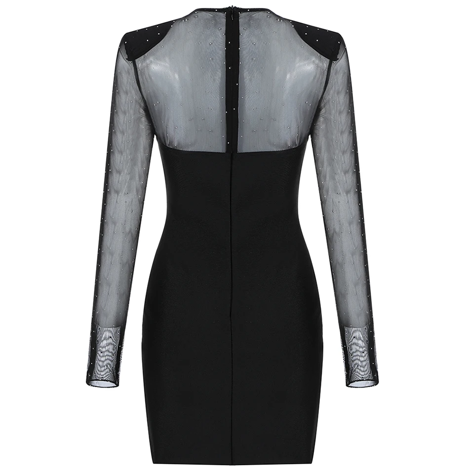 

2021 Summer Women's New Black Long Sleeve O-Neck Mesh Beaded Sequin Bandage Dress Sexy Elegant Party Bodycon Dress