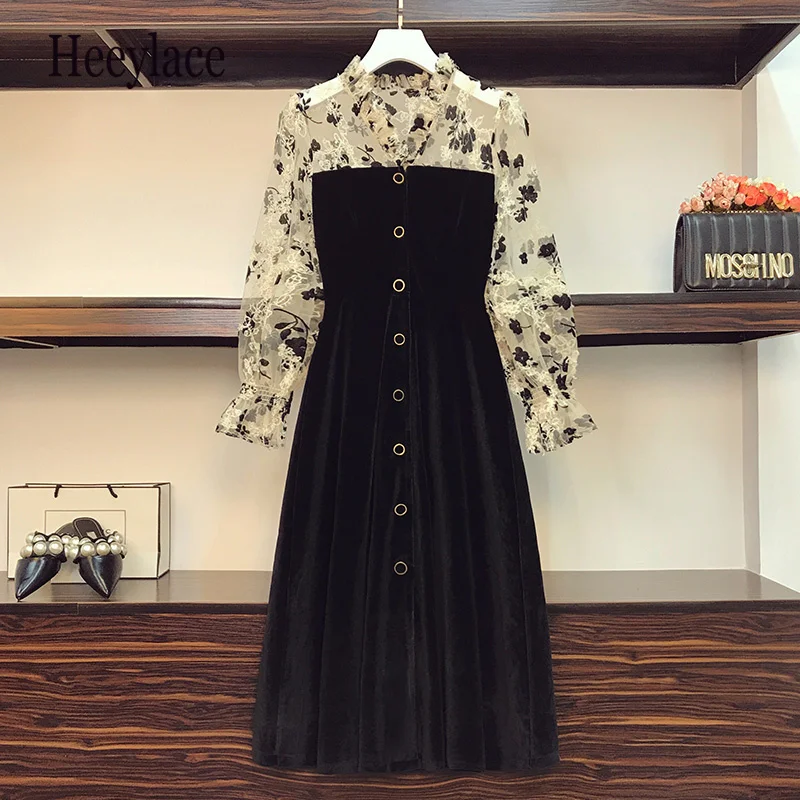 

Женское винтажное бархатное платье, Осеннее кружевное лоскутное платье-трапеция с вышивкой и длинным рукавом, платье с высокой талией, 4XL