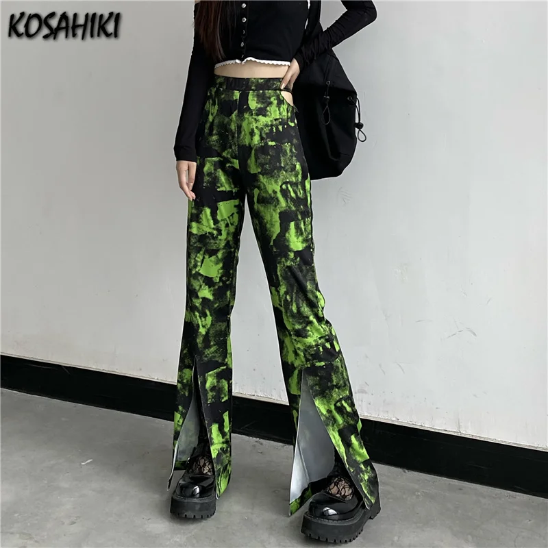 

KOSAHIKI «вареный» штаны с рисунком в стиле граффити; Женская высокая талия Разделение расклешенные брюки повседневные женские брюки Y2K модные ...