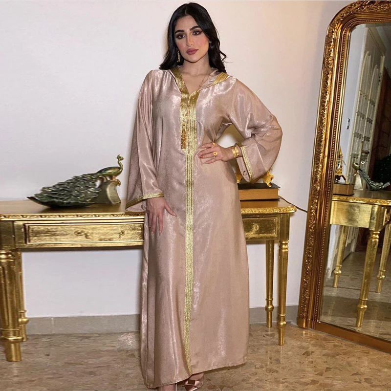 2021 арабское мусульманское платье абайя шампанское марокканский кафтан с капюшоном халат турецкий исламский Jalabiya
