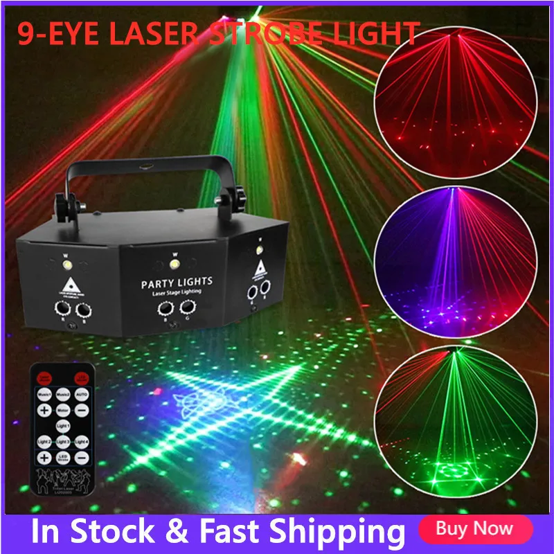 

Профессиональный Новый девять глаз лазерный стробоскосветильник сценический проектор Красный Синий Зеленый лампа Свадьба День рождения DJ...