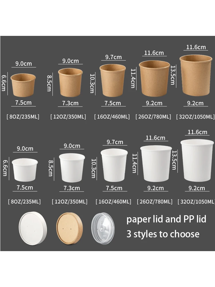 

100 Pack Disposable Kraft Paper Bowl with Lid Large Capacity Eco Takeaway Food Packaging Containers Thick Paper Cup Soup Bucket