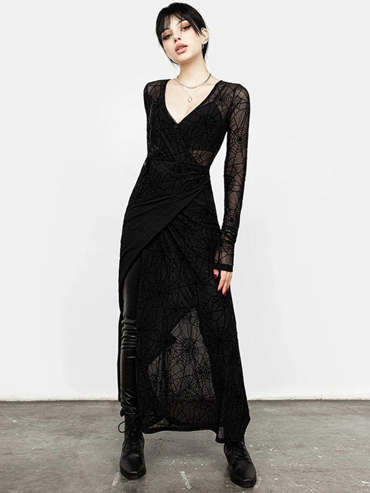 Женское Прозрачное платье InsDoit черное с длинным рукавом и разрезом в готическом