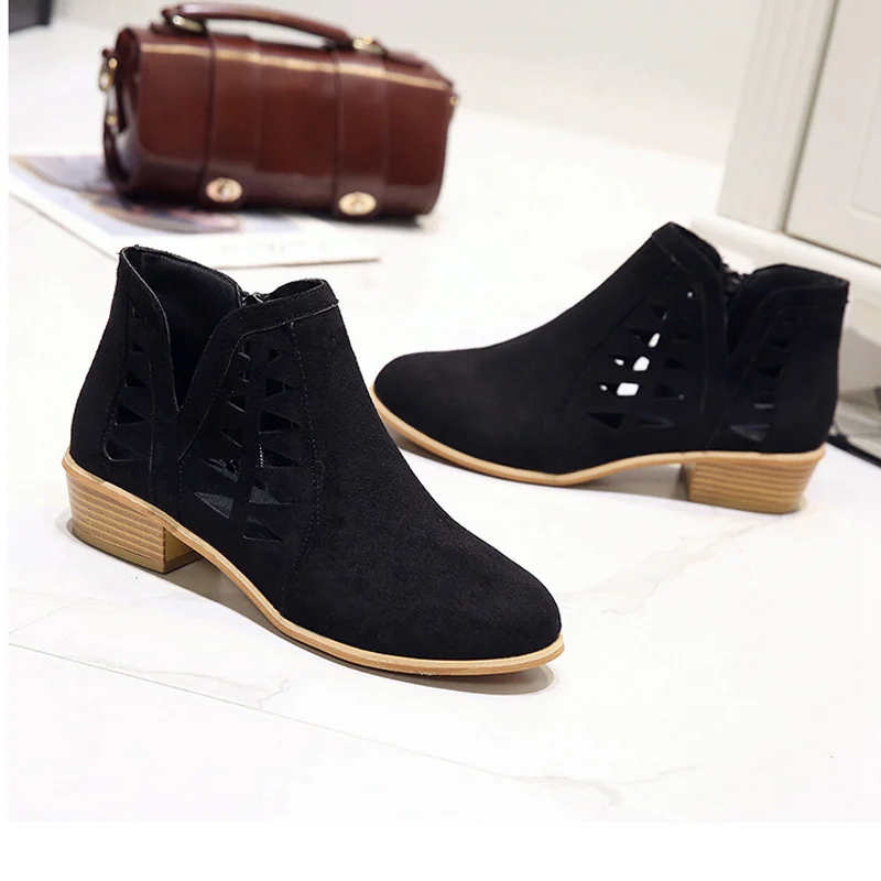 

New Design Hollow comfort Suede Women Shoes Pointed Toe Elegant Female Genuine Leather Ankle Boots