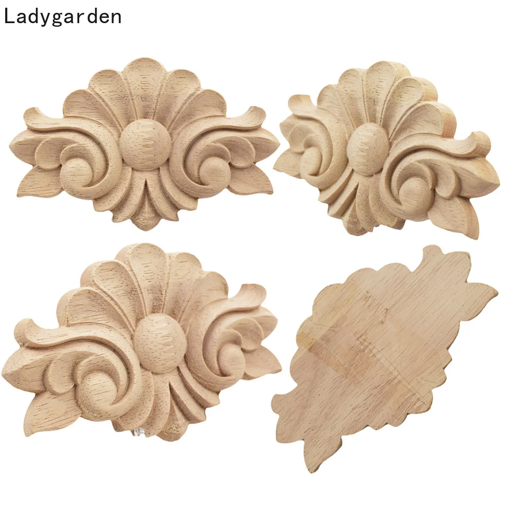 

4PCS Ornamental Unpainted Statues Rubber Wood Furniture Decoration Accessories Doors Wooden Decal Wood Applique Sculptures
