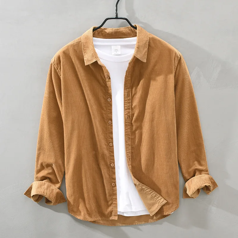 

Мужская Вельветовая рубашка, с длинным рукавом, с отложным воротником, однотонная, из 100% хлопка, винтажные повседневные топы, осень, Y3457