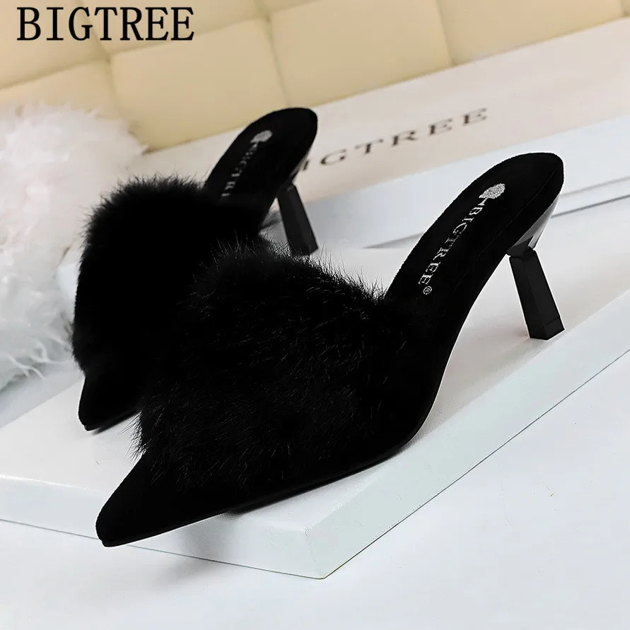 Пикантная обувь Меховые шлепанцы Туфли под платье женские туфли без пяток на