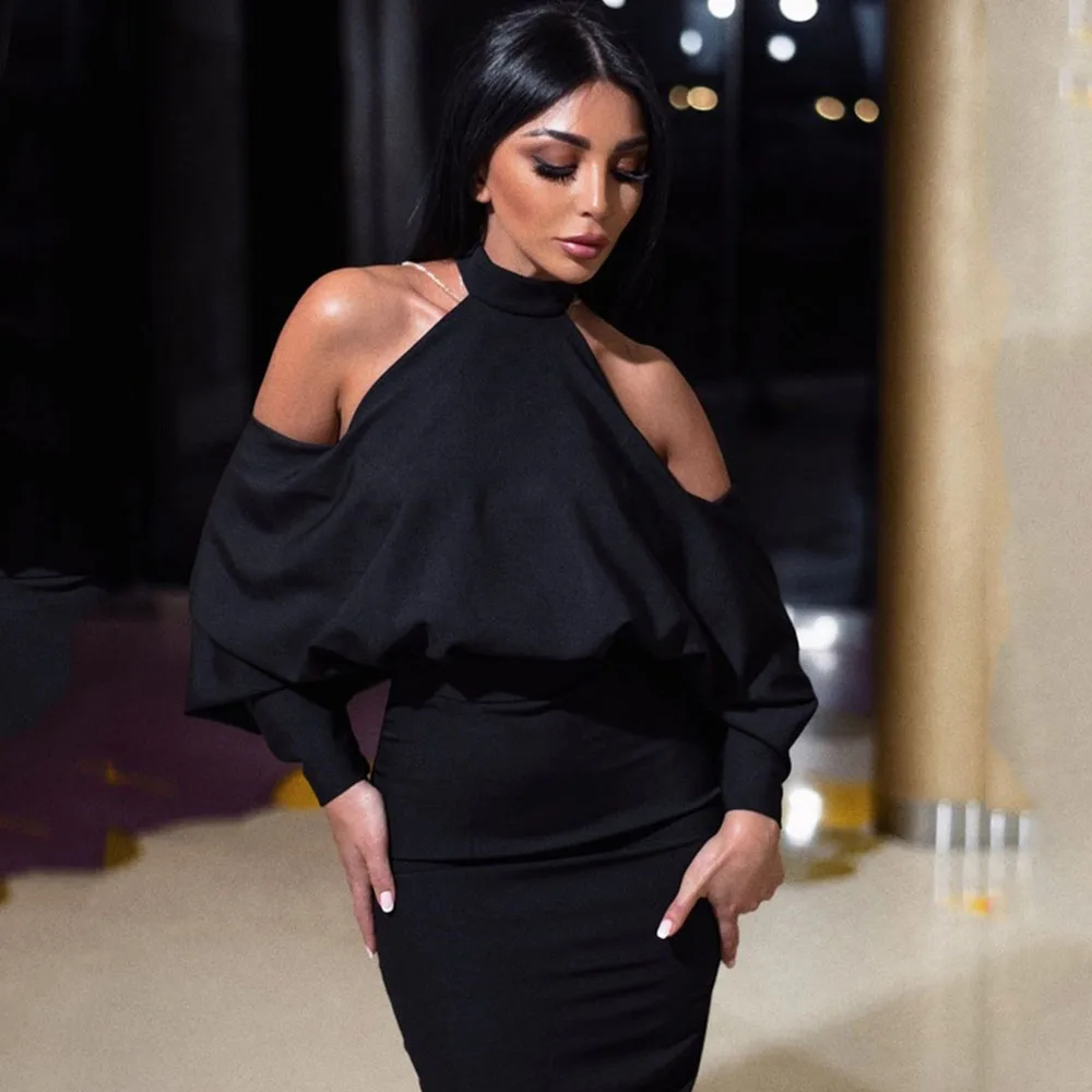 Fashion women's dress high quality halter long sleeve elegant dress with pearl necklace backless Celebrity party dress women