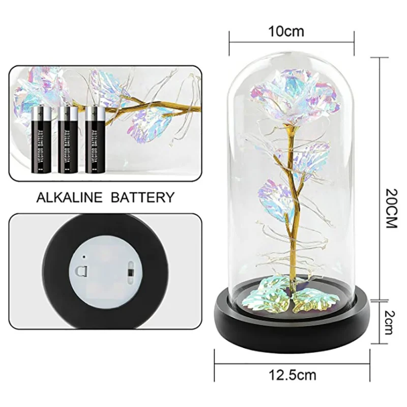 

Valentine's Day Color Gold Foil Rose Flower Glass Cover Decoration Ornaments With Lamp Artificial Flower Decoration Lamp Blue (w