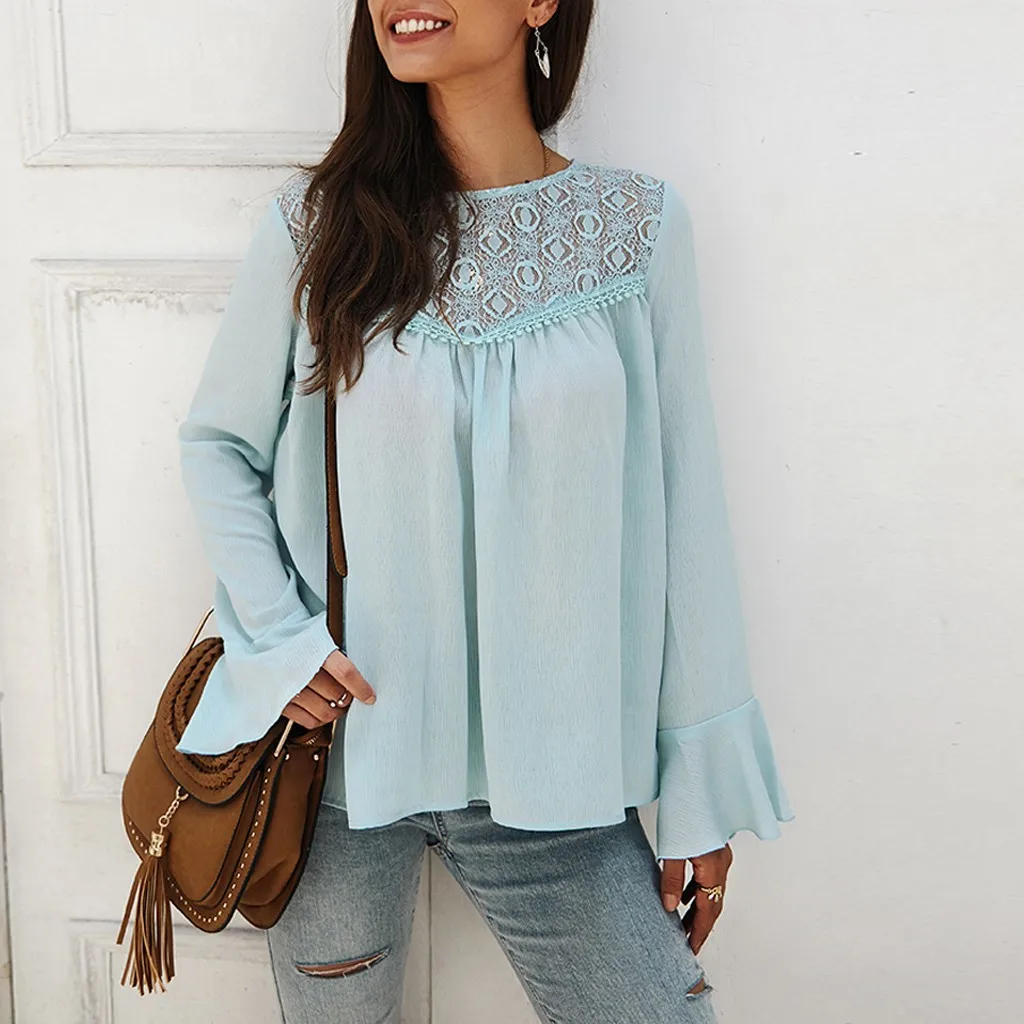 Женские кружевные рубашки мятно зеленого цвета модные вязаные блузки с длинным