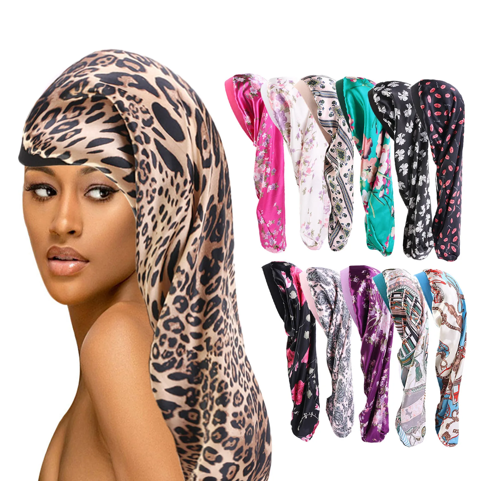 

Imitation Silk Printing Long Hair Night Cap Adjustable Shower Cap High Elasticity Long Barrel Cap Satin Hat Hair Night Sauna