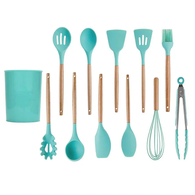 12pcs 5-13 шт силиконовые инструменты для приготовления пищи набор кухонной посуды с ящиком для хранения токарные щипцы шпатель с деревянной ручкой Антипригарная посуда - Цвет: 12pcs