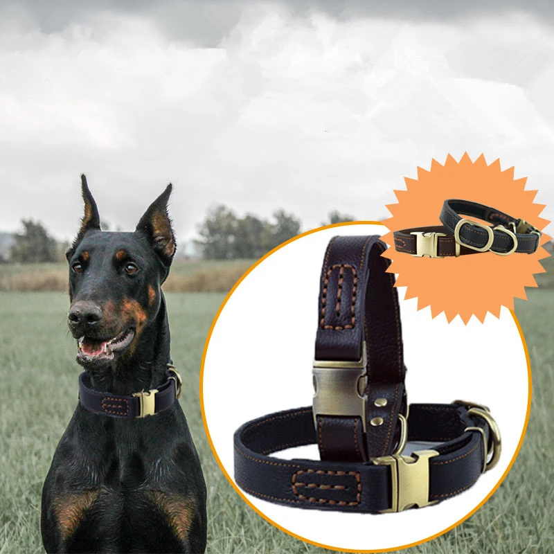 

Cowhide Genuine Leather Pet Dog Collars Top Quality Top Grade Pet Training Collars Heavy Duty For Medium Large Dogs Adjustable