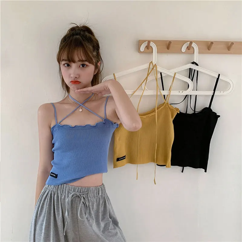 

Women's summer straps sleeveless inner straps women's outer wear halter neck slim short vest knit bottoming shirt tops women