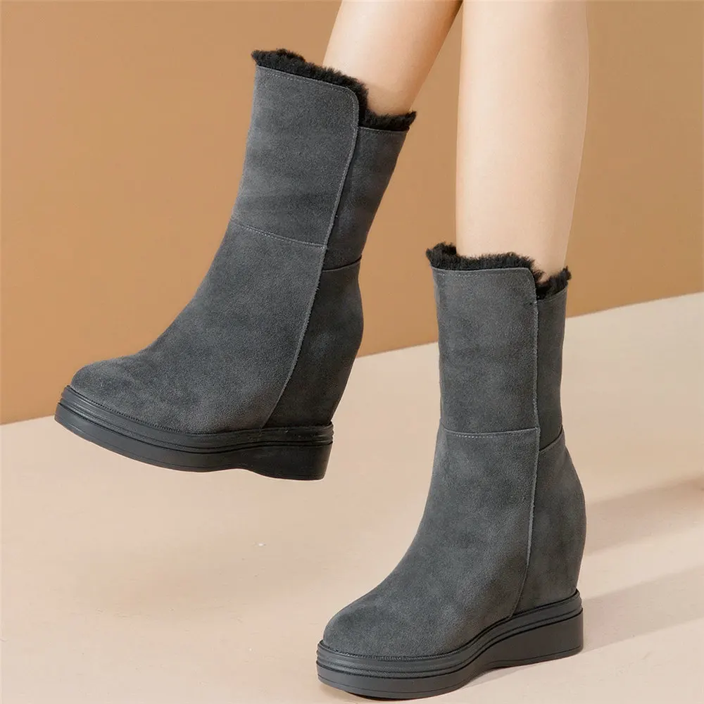 

Winter Warm Creepers Women Cow Leather Wedges High Heel Ankle Boots Female High Top Round Toe Platform Snow Boots Casual Shoes