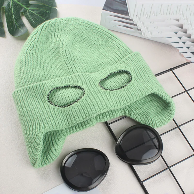 Moveable Glasses Warm Fleece Lined Women Snow Hat Knitted Winter Cap Cover Ears Orange Yellow Purple Blue Black White Green