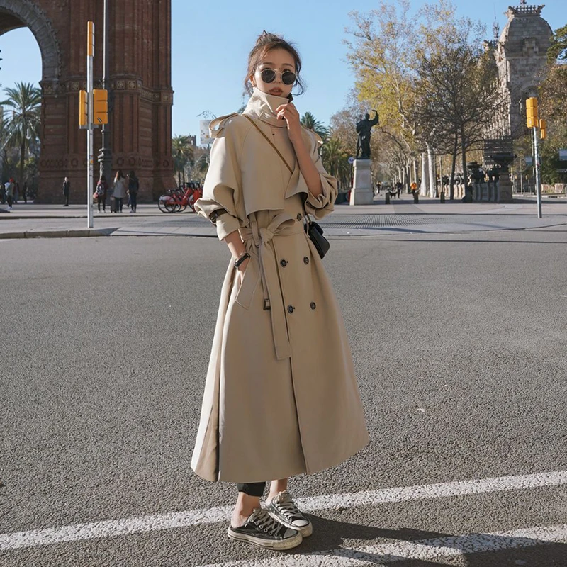 

LANMREM 2021 Autumn new stitching Double Breasted Adjustable Waist turn-down collar long windbreaker coat for women 2A208