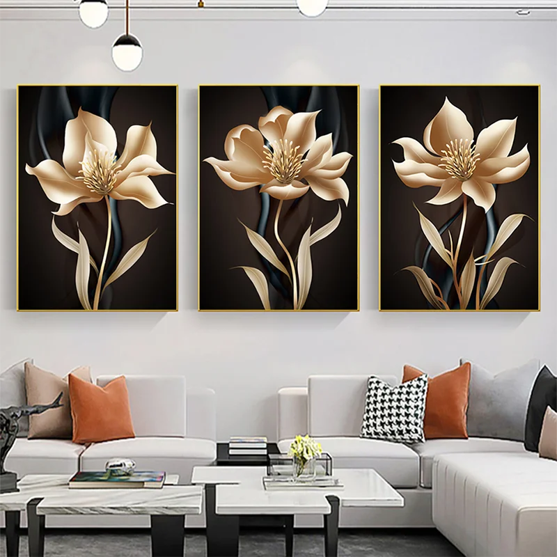 

Modern Abstract Black Golden Luxury Flower Wall Art Canvas Painting Posters And Prints Wall Pictures For Living Room Home Decor