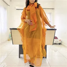 2021 nuevo arco corbata vestido sensual transparente de gran tamaño naranja malla Organza ver a través de, Vestidos africanos de las mujeres Casual vestido largo (3)