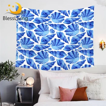 BlessLiving Seashell Tapestry Conch and Mermaid Decorative Wall Hanging Watercolor Blue and Green Beach Theme tapisserie Sheet 1