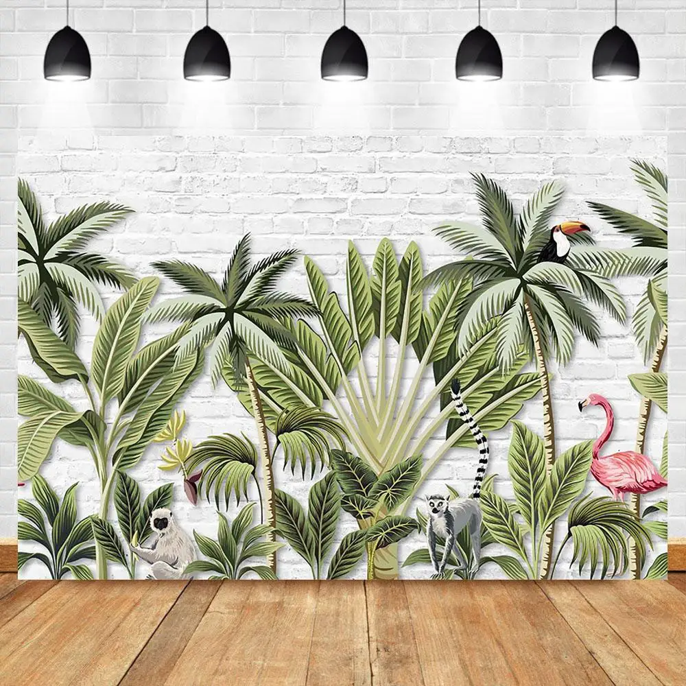 

Фон Nitree с изображением белой кирпичной стены, тропических растений, животных, фламинго, фон для фотосъемки, фоны для студийных съемок
